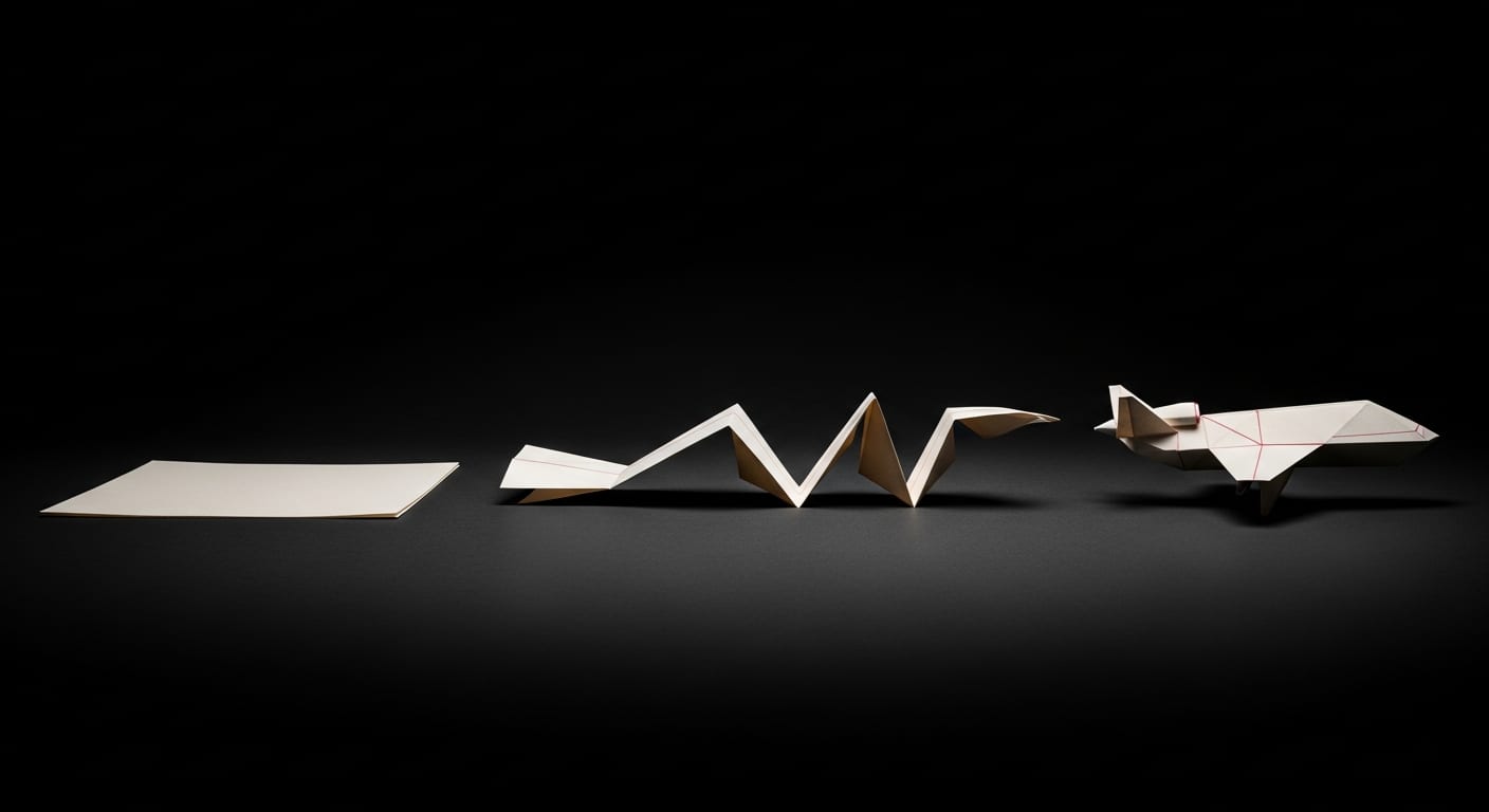 A flat sheet of paper folded step by step into a finished drone