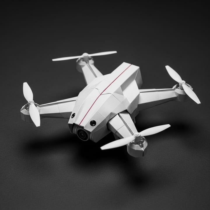 An FPV quadcopter rendered as folded paper — the small class